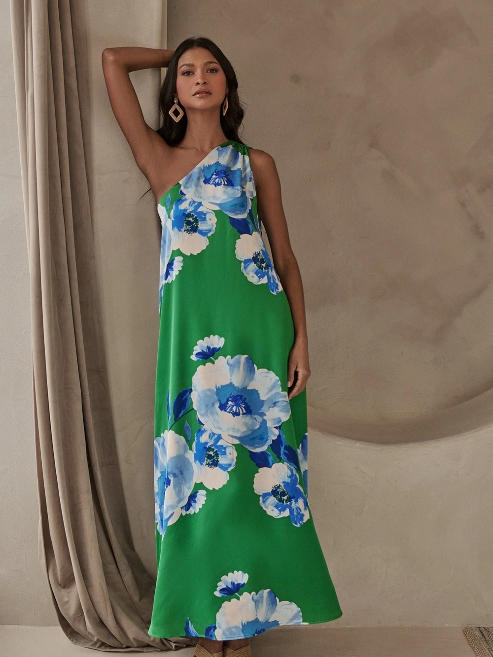 Sugarlips Sz S- Glena one shoulder Green Floral Maxi Dress